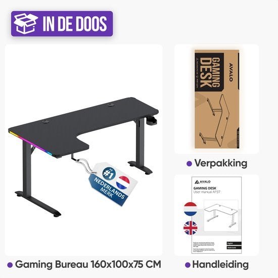 Avalo - Gaming Bureau & L-Vormig Hoekbureau - 160x100x75 cm - Met RGB LED-verlichting - Bekerhouder & Headsethaak - RVS & ABS - Zwart