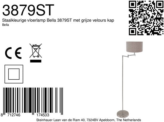 Vloerlamp Bella 3879ST in staalkleur met grijze velours kap, uitklapbaar, van metaal en textiel, hoogte 154 cm, diameter kap 30 cm - Mexlite