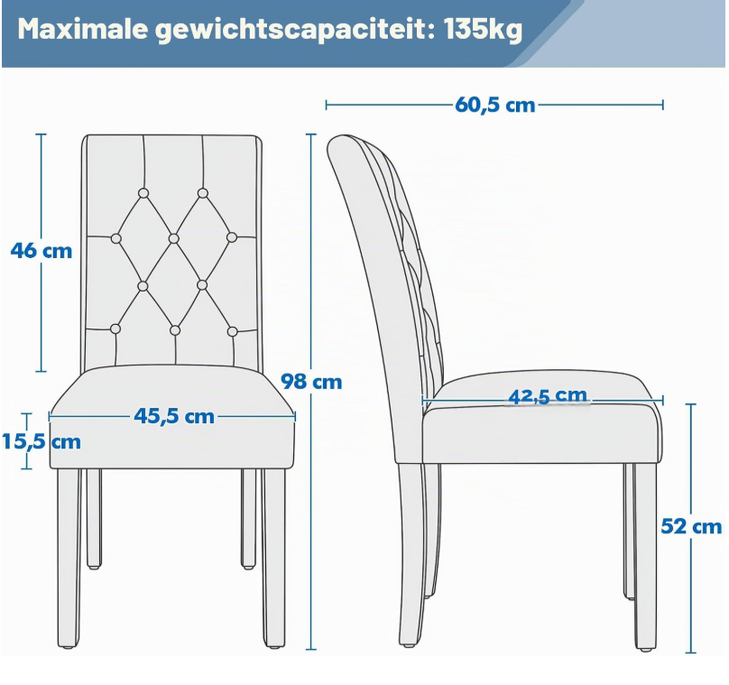 Yaheetech Eetkamerstoelen Set van 2 - Wit - 45,5 x 60,5 x 98 cm - Hoge Rugleuning, Kunstleer