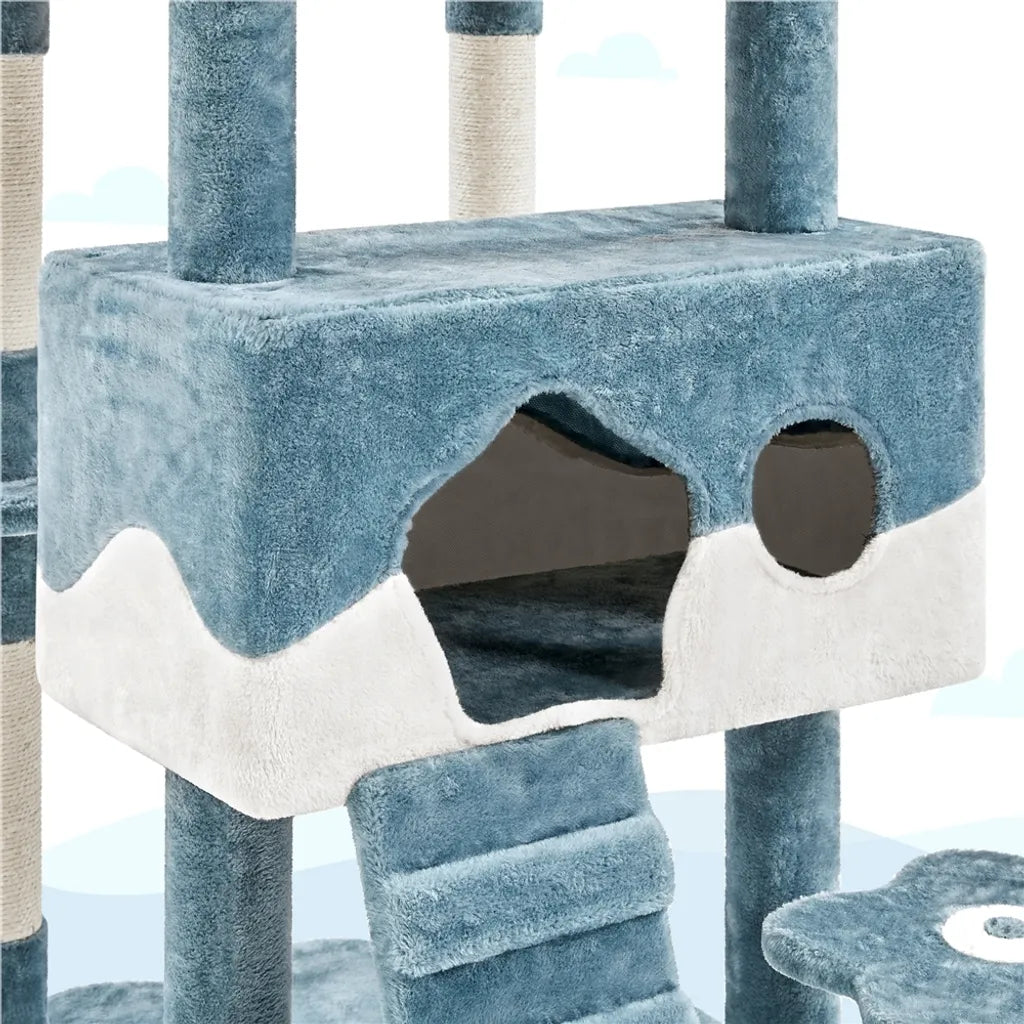 Yaheetech Oceaan Kattenboom 93 x 55 x 184 cm - Blauw/Wit - Krabpaal met Kattenhuizen en Sisalpalen
