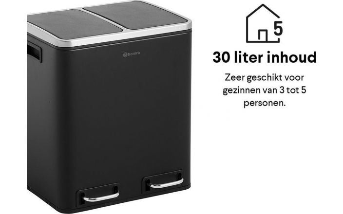 Homra BLINQ Prullenbak 30 Liter - 2x15 L inhoud - Duo Pedaalemmer - RVS -  Zwart - 47x41x35 cm