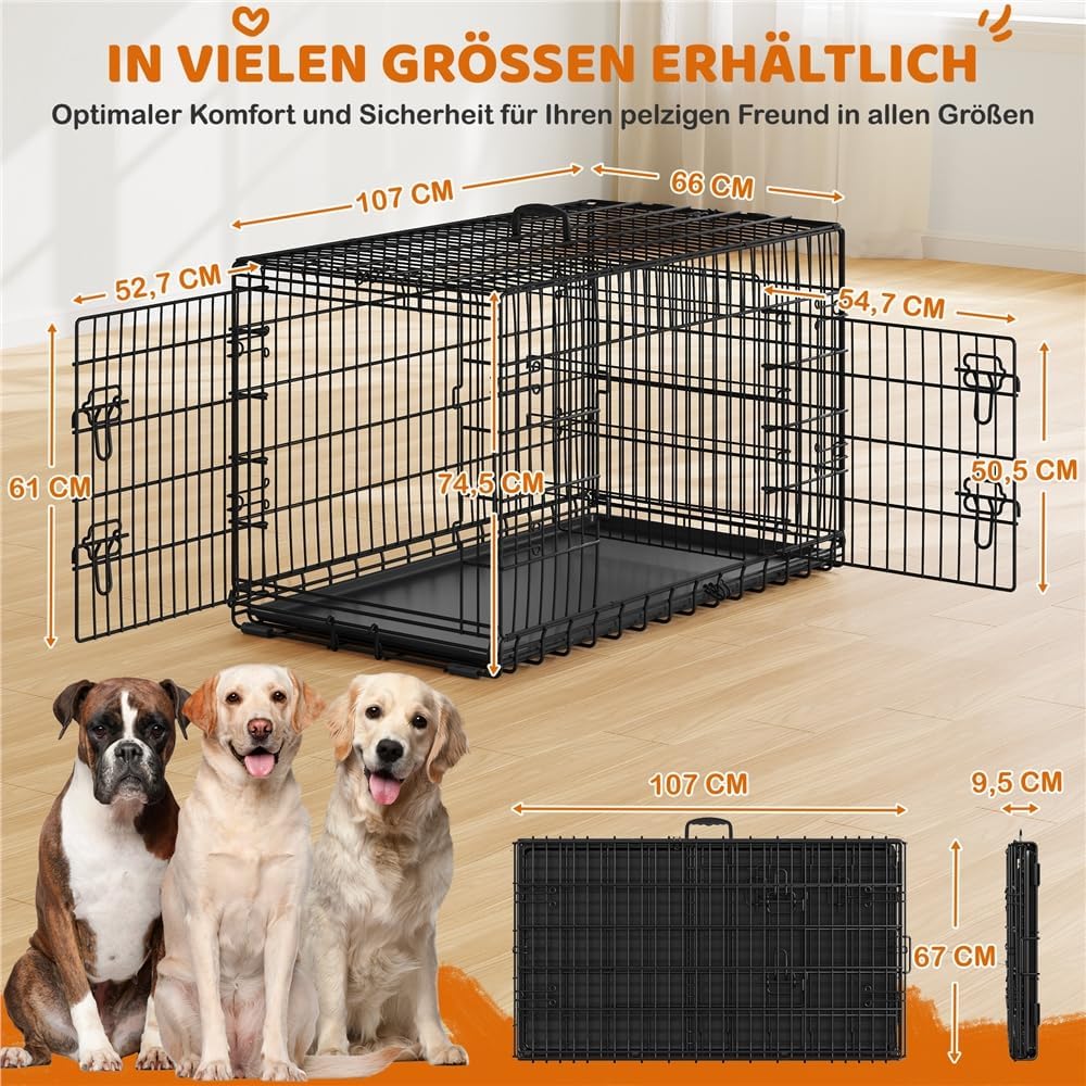Yaheetech Opvouwbare Hondenbench XL - 107 x 66 x 74,5 cm - 2 Deuren met Tussenschot en Uitneembare Bodem - Zwart