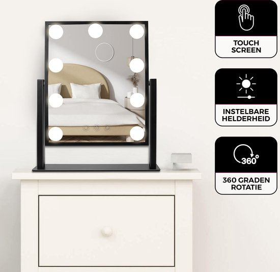 Bayt - Spiegel met Verlichting - Hollywood Spiegel met verlichting - Make up Spiegel met verlichting - Dimbaar - 10x Vergroting - 36 x 30 cm - Zwart