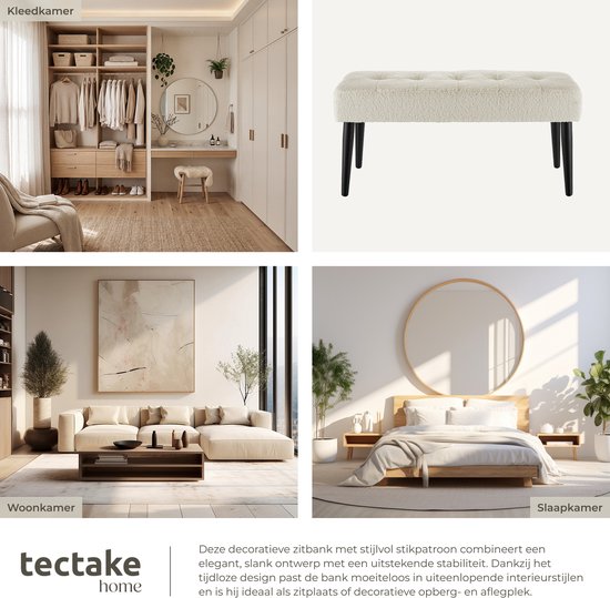 tectake® Gestoffeerd Bankje - 95 x 38 x 45 cm - Stikpatroon - Draagkracht 220 kg - Zitbank - Halbank - Bank voor Woonkamer, Slaapkamer, Bedeinde - Bouclé Crème