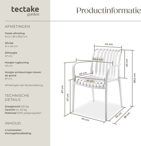 tectake® Set van 4 Tuinstoelen Alcudia - Creme - Kunststof Stoelen met Armleuning - Tuinset voor om de Tuintafel of op de Camping - Stapelbaar - Stoelen voor Tuin, Terras of Balkon - Weerbestendig en UV-bestendig - Draagkracht 120kg per Tuinstoel
