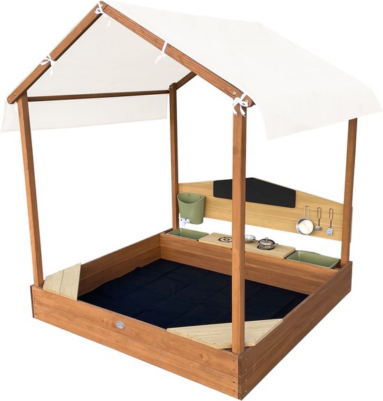 AXI Meli Zandbak & Speelhuisje 120 x 120 cm met Speelkeuken – Bruin - Met Dak – FSC hout – Met Krijtbord, Watertank en 6-delig Speelgoed Kookset – Met 2 Bankjes - Inclusief gronddoek – 10 jaar garantie