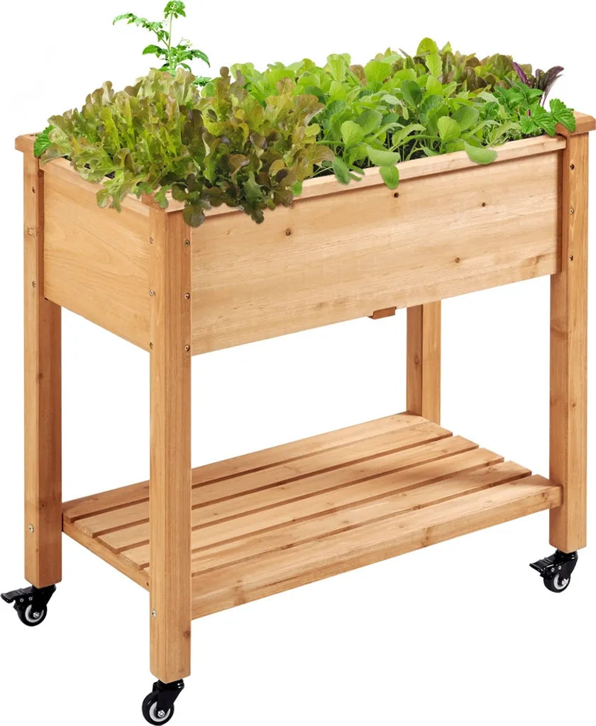 Yaheetech Verhoogde Plantenbak op Wielen 87 x 47 x 83,5 cm - Lichtbruin - Houten Kweekbak met Opbergplank