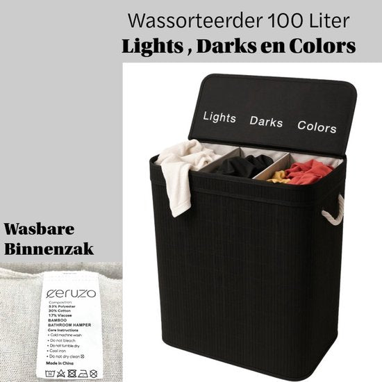 Ceruzo Wasmand 3 Vakken – Bamboe Wassorteerder 100L – Uitneembare Binnenzak – Zwart