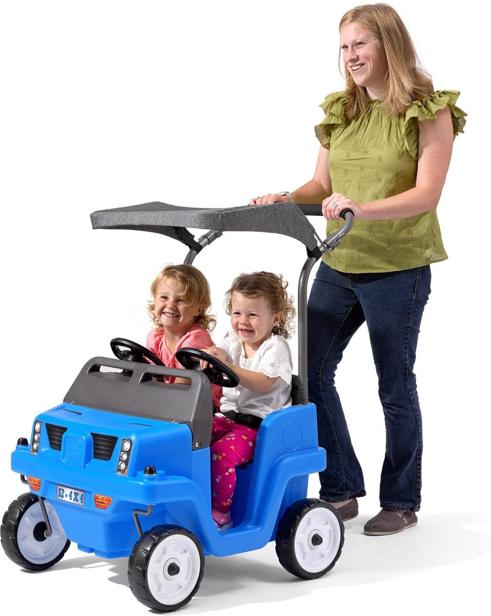 Step2 looppauto Side-By-Side Push Around SUV in Blauw - Duwauto voor 2 kinderen - Luifel voor schaduw - Loopauto met duwstang & luifel - Voor kinderen vanaf 2 jaar
