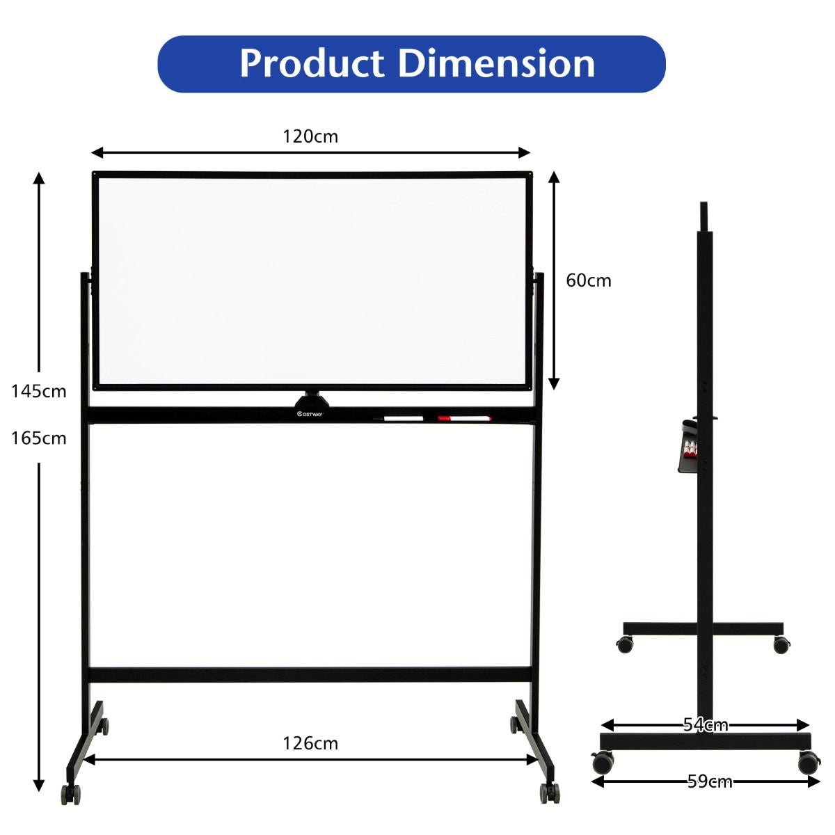 Coast Dubbele -zijdige magnetisch mobiel whiteboard mobiel rollend wit wandpaneel voor kantoorzwart