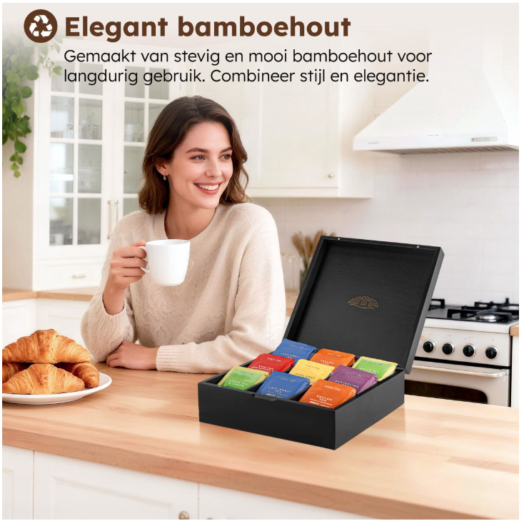 Nimma – Luxe Theedoos – 9 Compartimenten – Zwart Bamboe – Met Magneetsluiting & Compact Ontwerp – Thee Organizer – Stijlvol & Duurzaam