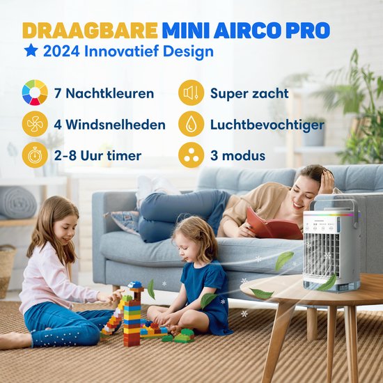 Vulpes Goods® Tech - Mini Airco PRO - Mobiele Airco - Luchtkoeler 4in1 - Aircooler - Tafelventilator - 4 windsnelheden, 2 luchtbevochtingsstanden & timer - Lekvrij - Wit