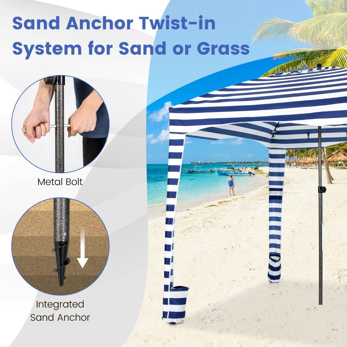 Coast Opvouwbare Strandtent - Met Draagtas - Verwijderbare Zijwand - 183 x 183 x 215-240 cm - Blauw met Wit