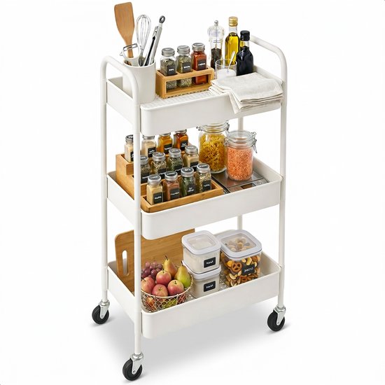 Keuken trolley op Wieltjes - 3 laags - Keukenrek - Serveerwagen - Kastje - Karretje - Opberg - Douche kastjes staand - Rekje - Wit - Luft