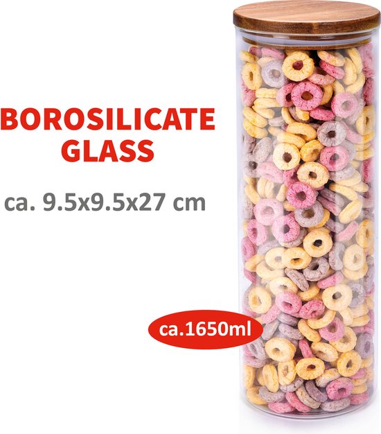 alpina Glazen pot met Deksel - 1650 ML - Vaatwasserbestendig - Borosilicaatglas en Accaciahout