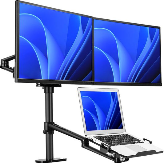 TTD® Monitor Arm 2 Schermen & Laptop - Monitor Arm 3 Schermen - Monitor Arm voor 2 Beeldschermen en 1 Laptop - Volledig Roteerbaar en in Hoogte Verstelbaar - 9 kg per Arm - Monitor Beugel - Zwart - Aluminium - Laptop Standaard Verstelbaar