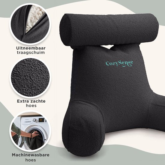 Cozysense® - Leeskussen - Leeskussen voor in Bed - Bookseat - Ergonomisch Zitkussen met Boucléstof - Boekkussen - Lees Kussen - Groot Formaat Steun voor Rug, Nek en Armen - Relax Kussen - Verstelbare Vulling - CertiPUR® - Afneembare Hoes - Grijs