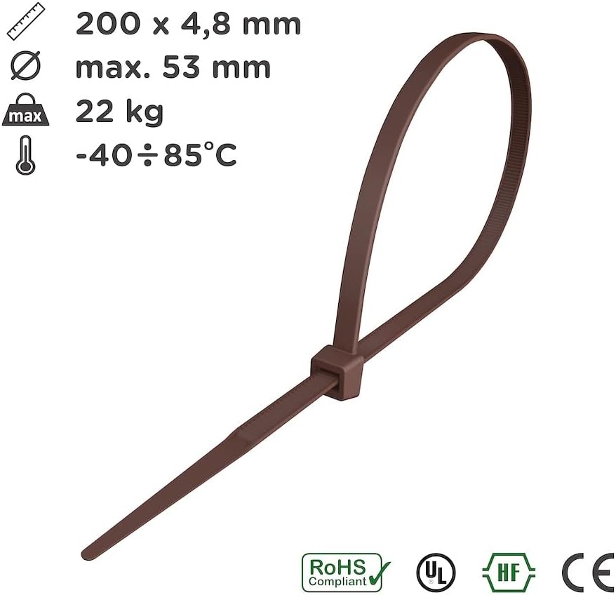 Intervisio Kabelbinders - 200 x 4,8 mm - Uv-bestendig nylon - 200 stuks - Bruin