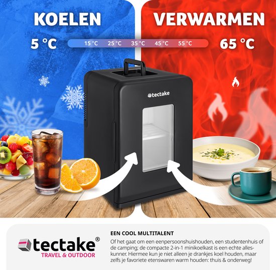 tectake® Mini-Autokoelkast - Draagbare minibar 14L - 2-in-1-functie: koelen en verwarmen - Ideale elektrische koeler voor dranken, medicijnen of make-up - Voor thuis of onderweg - ECO-modus