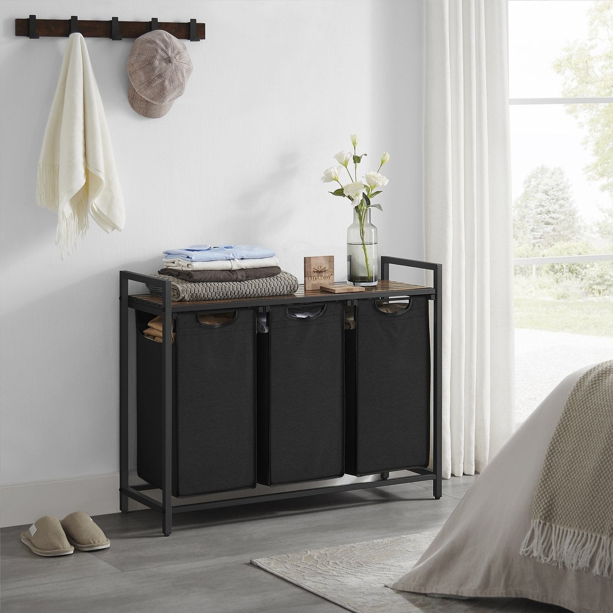 O'DADDY Wasmand met 3 Vakken – Houten Bovenblad & Metalen Frame – 114L – 92,5 x 33 x 71 cm – Zwart & Rustiek Bruin