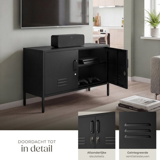 tectake® Stalen Dressoir - TV Meubel - 100 x 42,5 x 65 cm - Commode - Verstelbare Planken - 2 Deuren met Magneetsluiting - Lowboard - Metalen Kast - Zwart