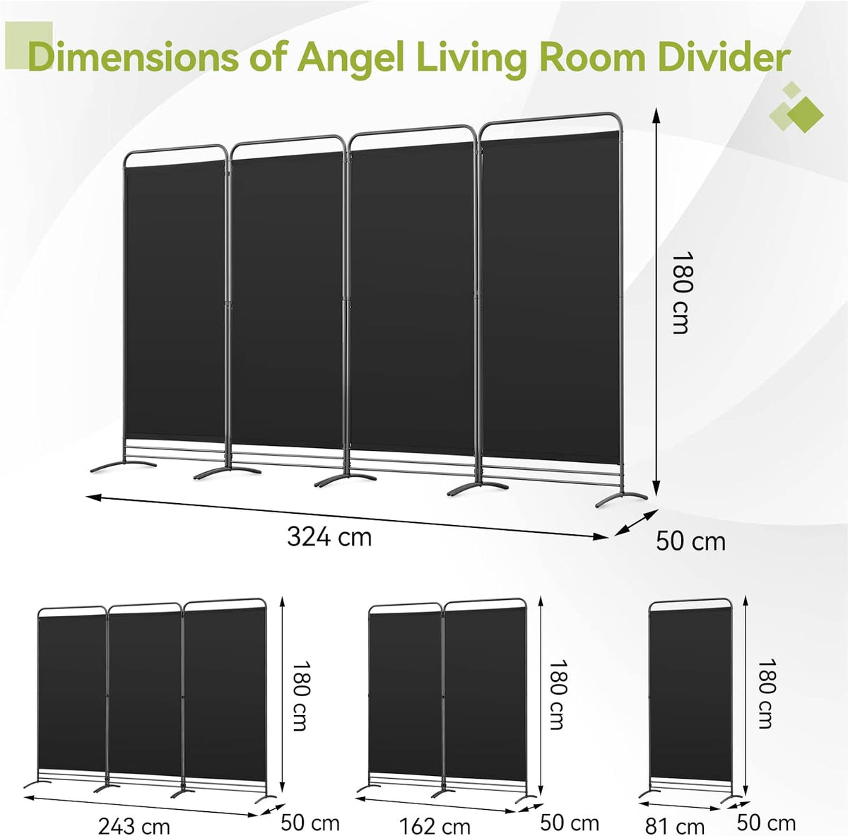 Angel Living Kamerscherm - 4 Panelen - 324 x 180 cm - Zwart