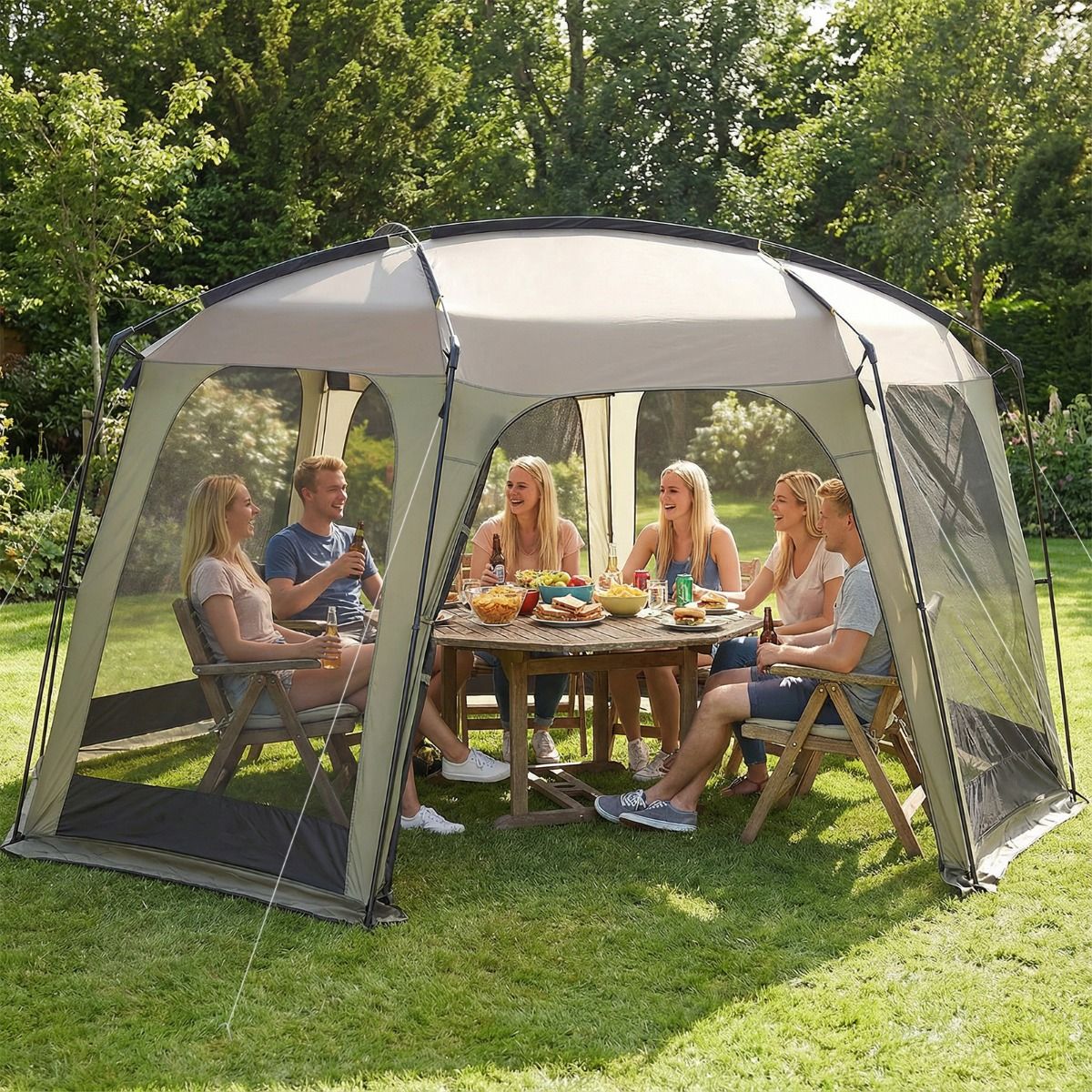 Coast Campingtent met Muskietennet - Opvouwbare Tuintent voor 6 tot 8 Personen - 380 x 355 x 225 cm - Groen/Zwart