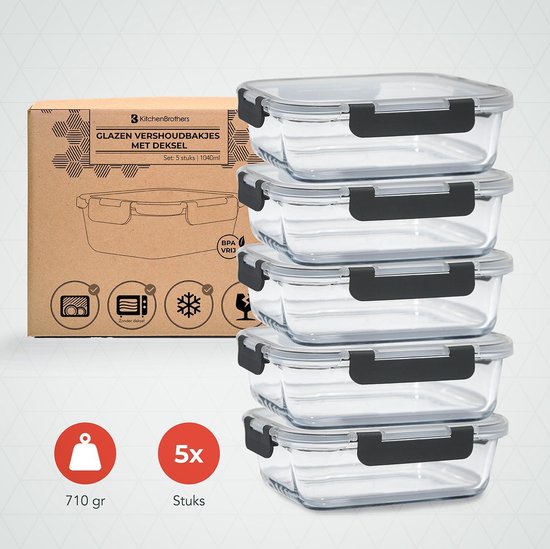 KitchenBrothers Meal Prep Bakjes - Glazen Vershoudbakjes - Luchtdicht - BPA Vrij - 1L - Glas - 5 Stuks