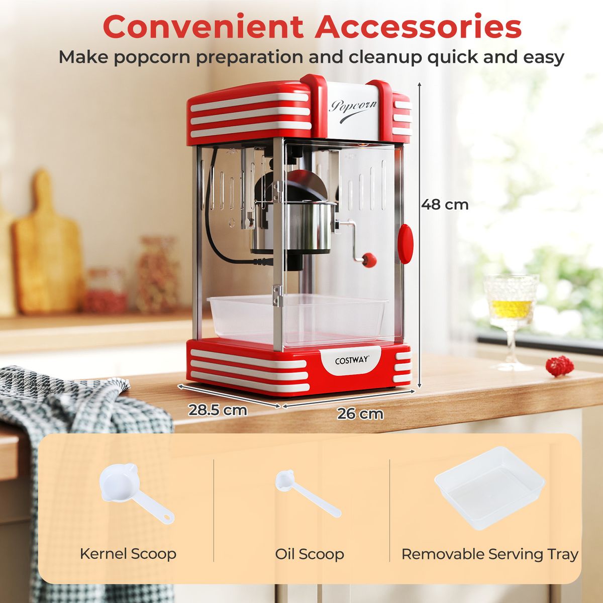 Coast Popcornmachine - retro bioscoopstijl - warmhoudlamp - handmatige bediening - rood/wit