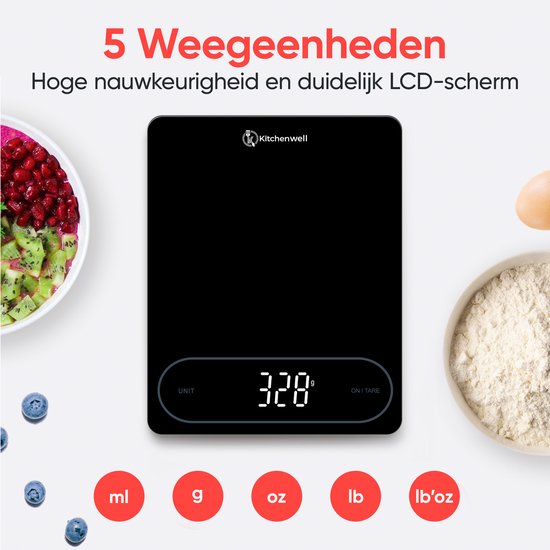Kitchenwell Digitale Precisie Keukenweegschaal – Weegschaal Keuken - 1gr - 12kg – Tarra Functie - Batterij - Zwart
