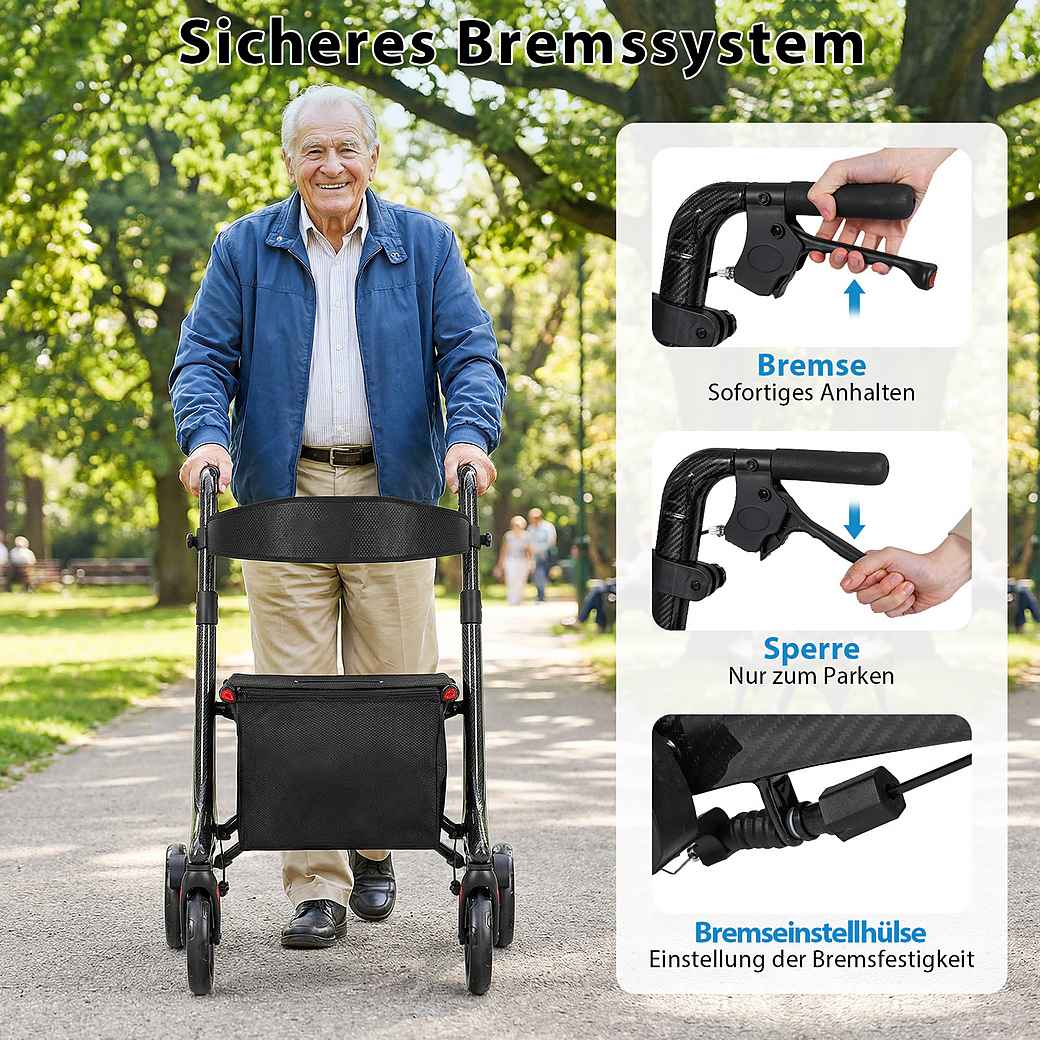 Coast Opvouwbare Rollator zwart – Ultralichte Carbon Loophulp met Zitje – 78 x 62 x 86-99 cm
