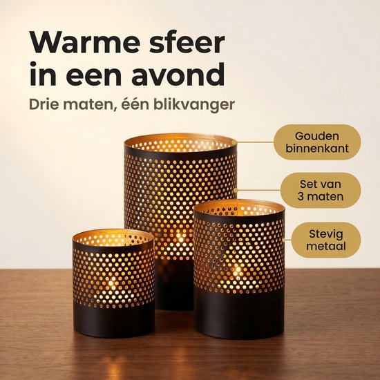 Lomera Theelichthouder Set van 3 - Waxinelichthouder Zwart Met Goud - Metalen Windlicht - Kaarsenhouder voor Woonkamer - Sfeerlicht voor Tafeldecoratie - Geperforeerd Metaal voor Sfeervolle Kaarsen Decoratie