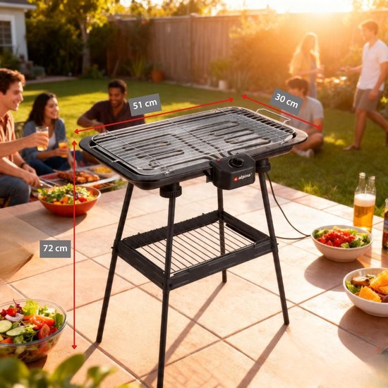 alpina Elektrische BBQ 2-In-1 2200W - Electrische BBQ Tafelmodel met Thermostaat - Elektrische Grill met Warmhoudfunctie - Tafelgrill Electrisch met Verstelbaar Rooster - 51 x 30 cm - Zwart