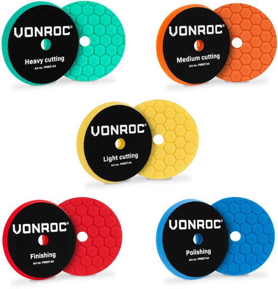 VONROC Polijstschijven - Ø 125mm – Poetsschijven - Complete set van 5 stuks correctie, glansherstel en finish