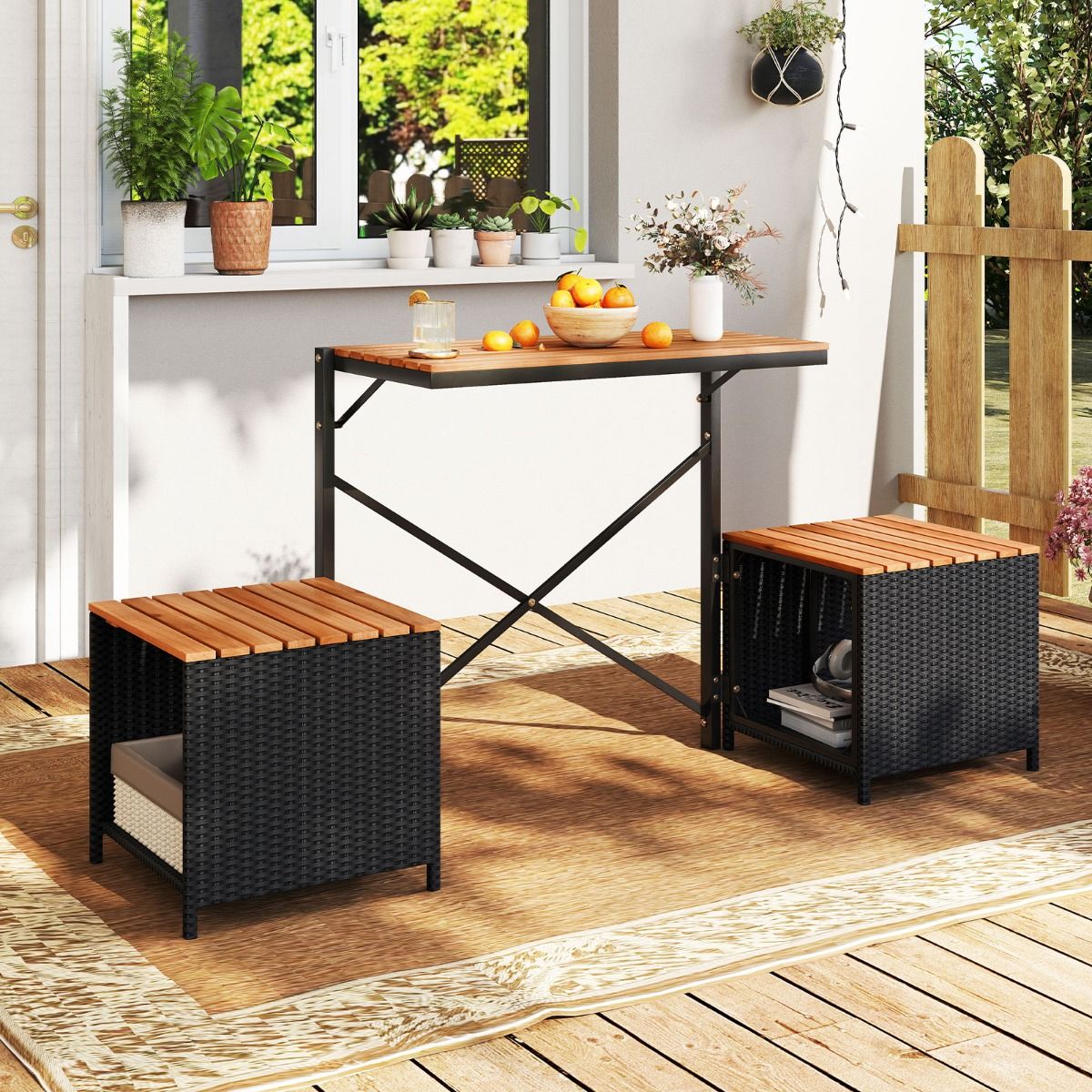 Coast 2-in-1 tuinbank en picknicktafel - omvormbaar balkonmeubel - met opbergruimte - zwart/naturel
