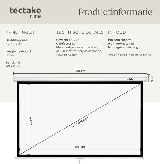 tectake® Beamer Scherm - 84 Inch (214 cm) - 16:9 Projectiescherm - Wand of Plafond Montage - 4K HD - Oprolbaar - Uittrekbaar - Projectiedoek - Presentatiescherm - Home Cinema - Inclusief Montagemateriaal