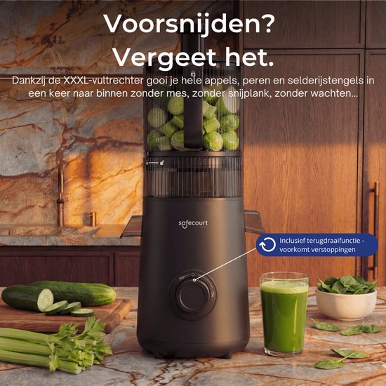 Safecourt Kitchen Slow Juicer XXL - krachtige motor [Pre-cutter & Cold-press technologie] - eenvoudige reiniging - BPA-vrij - sapcentrifuge Zwart