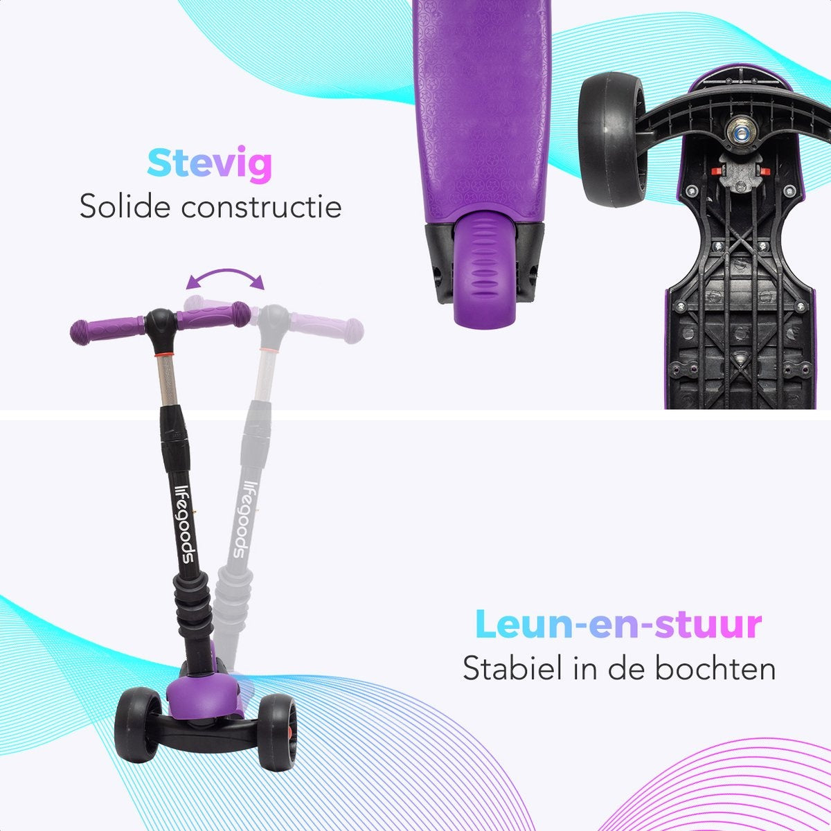 LifeGoods MultiRider Kinderstep - Step 3-8 Jaar - Verstelbaar Zitje - Lichtgevende Wielen - Jongens/Meisjes - Paars