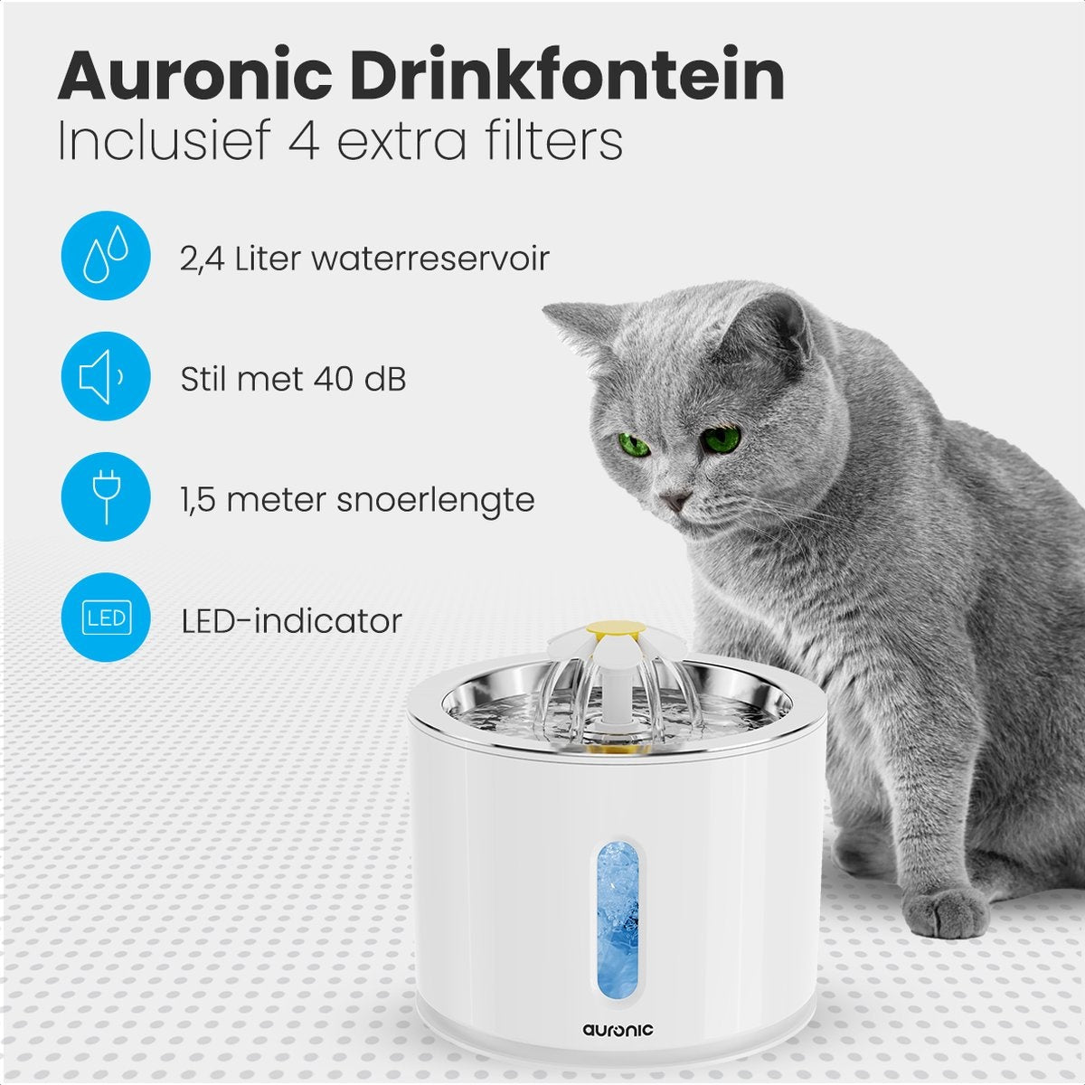Auronic Drinkfontein - Waterfontein voor Katten en Honden - 2,4L - Dieren Drinkbak - Incl. 4 Filters en 2 Borstels - Wit