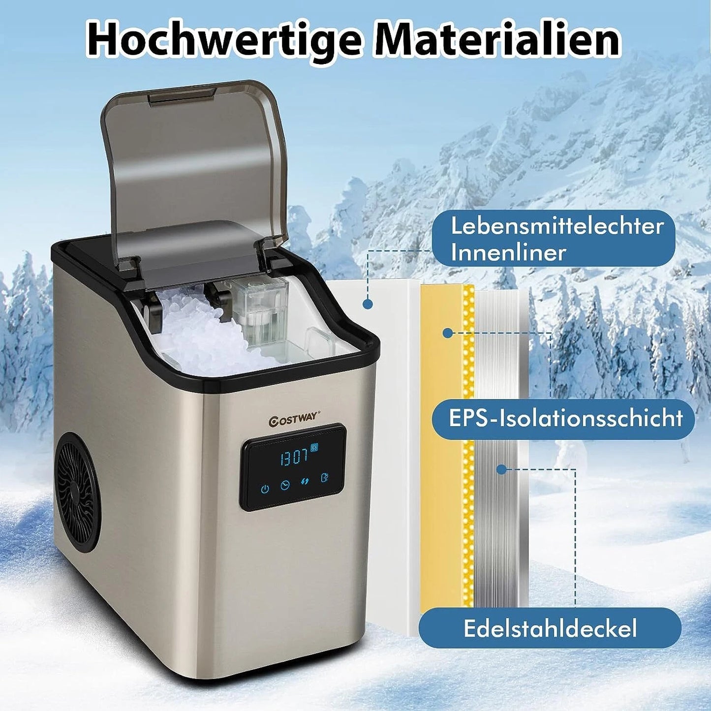 Coast Nugget Ijsblokjesmachine - Crushed Ice Maker - 24 kg/dag - 2,5L Watertank - Zilver - 38,5 x 24 x 38 cm
