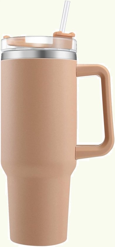 Merkloos Thermosbeker 1200ml RVS met Riet & Handvat - Nude