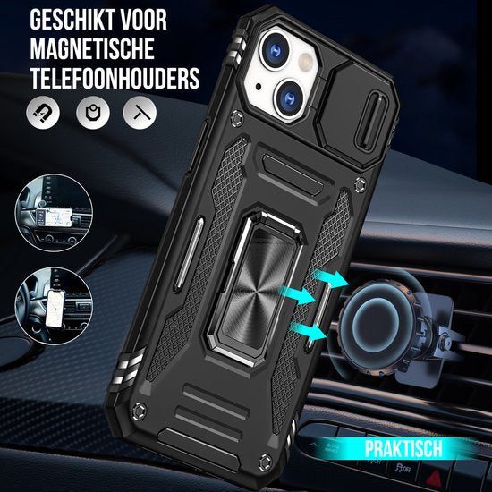 Podec Hoesje geschikt voor iPhone 13 Mini Telefoonhoesje - Anti-Shock Case Cover Hybrid Armor Hoes met Kickstand Ring met Screenprotector