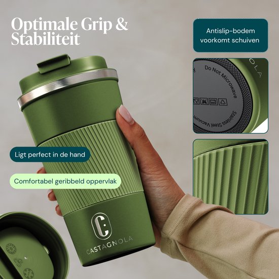 Castagnola Thermosbeker - Koffiebeker To Go - Travel Mug voor Koffie en Thee - Theebeker - 510 ML - RVS - Groen