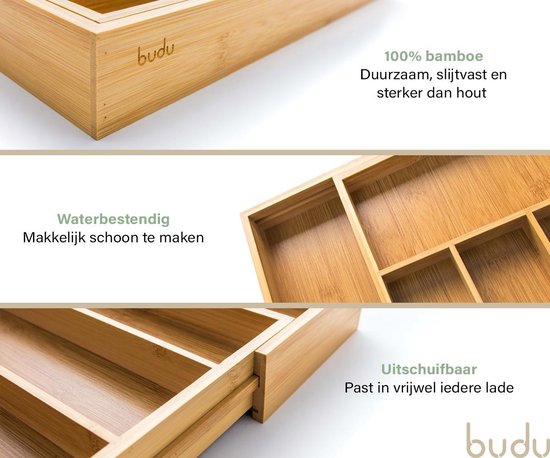 Budu Uitschuifbare Bamboe Bestekbak #38 (38 cm diep) - Bestekcassette Hout - Besteklade - 38 x 29,5 - 47,8 cm - 5/7 vakken