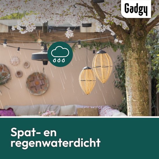 Gadgy Solar Hanglampen Buiten – Set van 2 – Rattan Look – LED Solar Tuinverlichting – Warm Licht – Spatwaterdicht – Zonne-energie – Hanglamp Tuin Decoratie