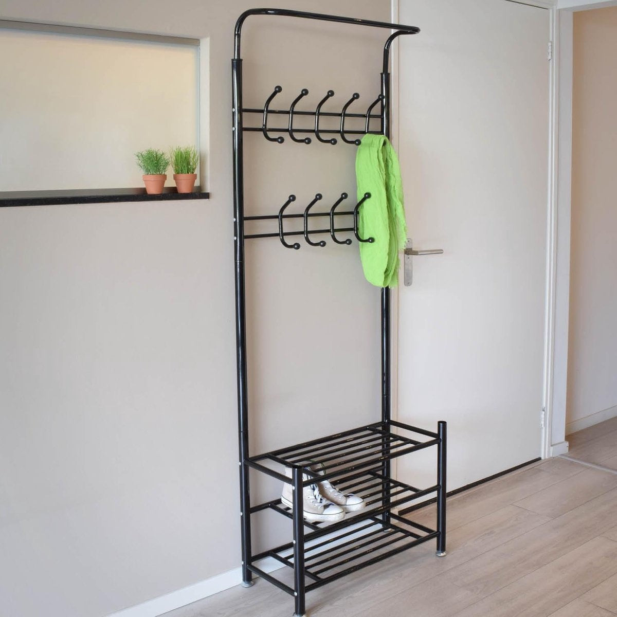 O'DADDY® kapstok staand – kapstokken - kapstok met schoenenrek – kapstok zwart - garderoberek - garderoberek met kapstok - garderoberek met schoenenrek- garderoberek metaal - 66 x 30 x 190 cm - zwart
