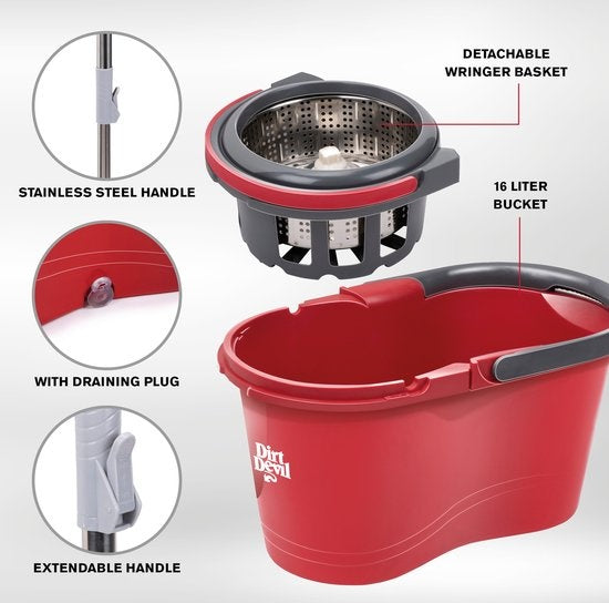 Dirt Devil Dweilsysteem met Wringer - 16 L - 17⌀ x 98 - 118 CM - Rood