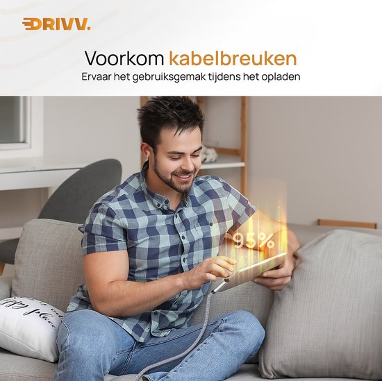 Drivv. USB naar USB C Kabel - Haaks - USB C Data en oplaadkabel - Fast Charge / Snellader - 3 Meter - Grijs
