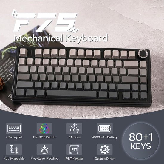 AULA F75 Pro - Draadloze Gaming Toetsenbord - Mechanisch - Zij Bedrukte toetsen - Gasket - Hot Swap - Tri mode - QWERTY Toetsenborden- 80 Keys - Zwart Grijs