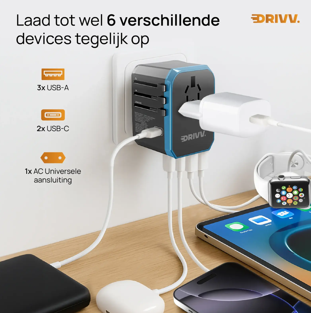 Drivv Universele Wereldstekker USB C - 6 Poorten - 2300W - Geschikt voor 150+ Landen
